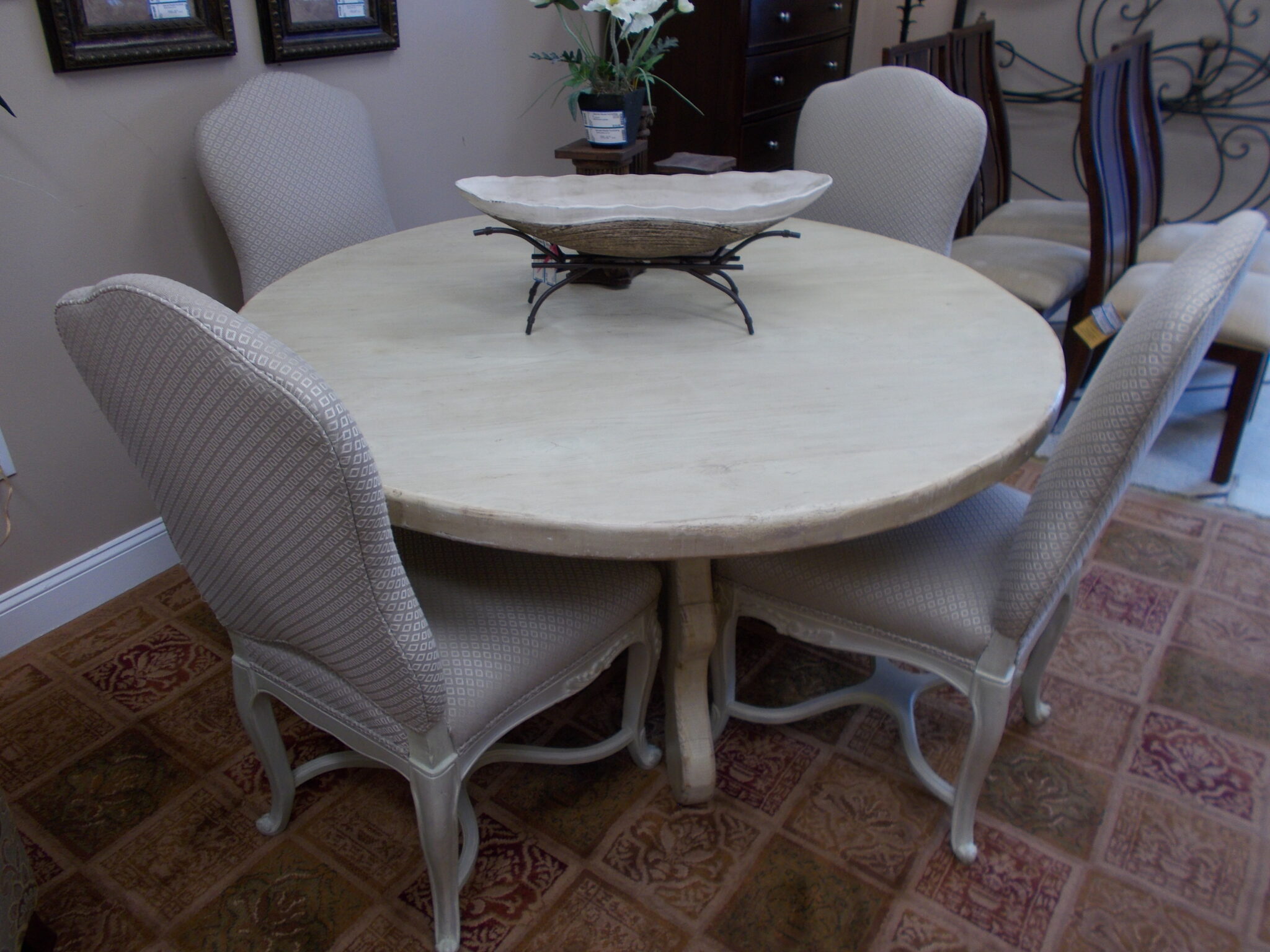 White Washed 60" Round Dining Table with (4) Upholstered Chairs