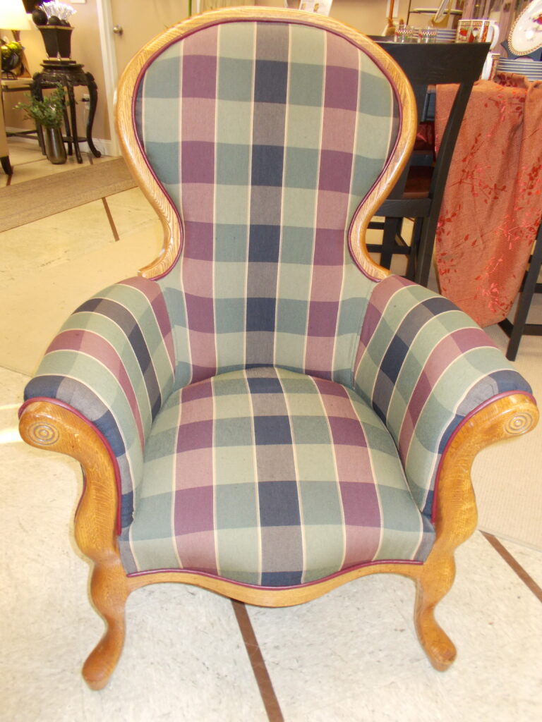 KIMBALL Oak Arm Chair with Plaid Upholstery; 30