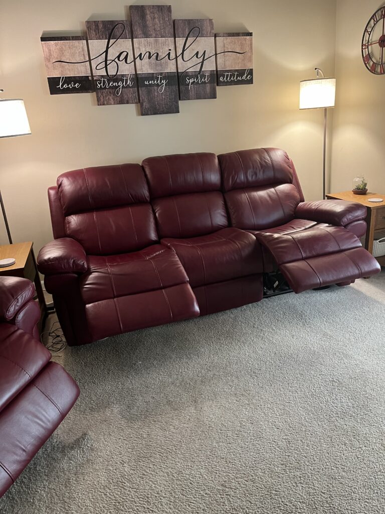 Burgundy Leather Double Recliner with Power Head Rest and WSB Ports