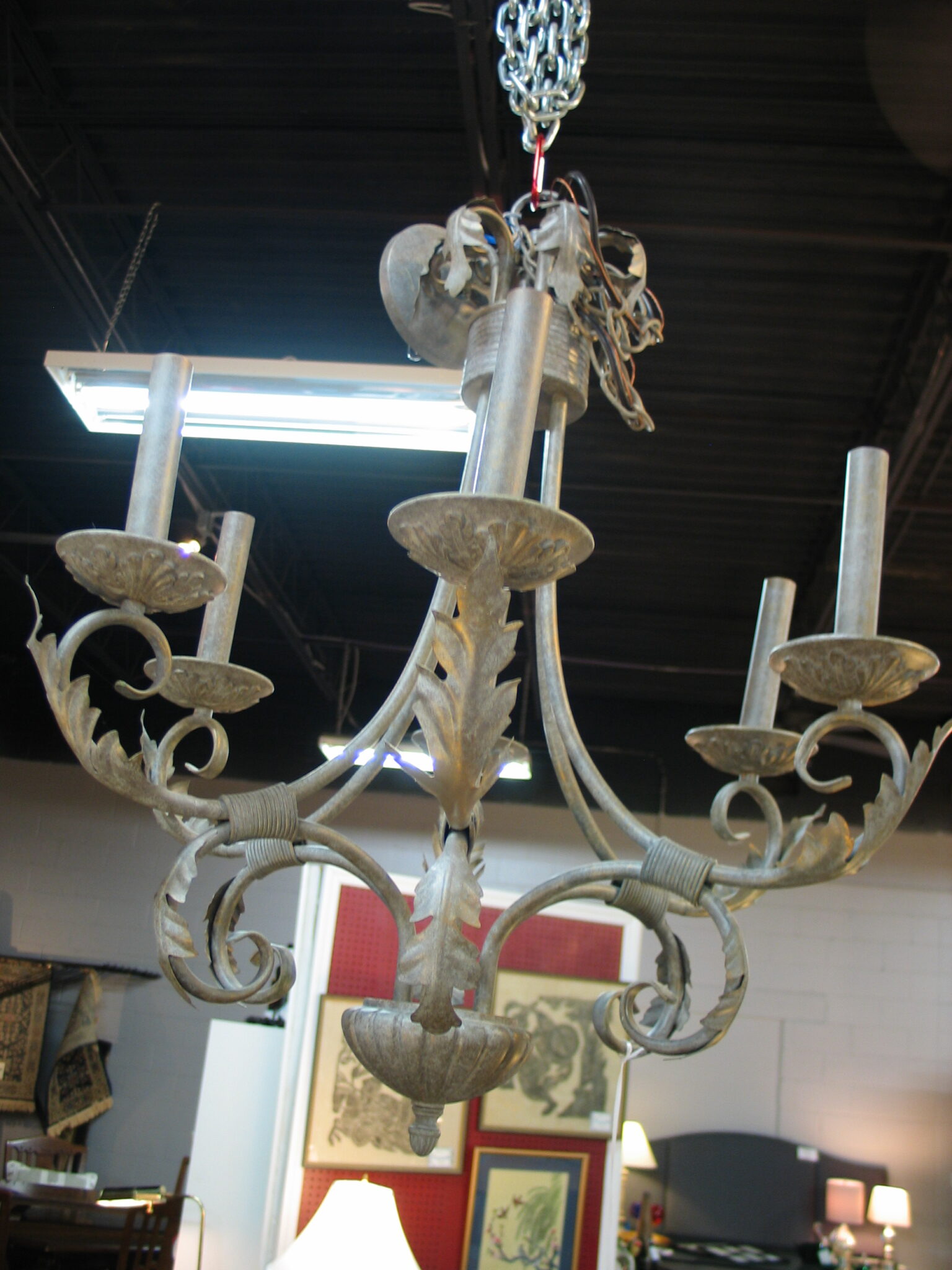 Antiqued Metal Scroll Chandelier; 26" x 29"