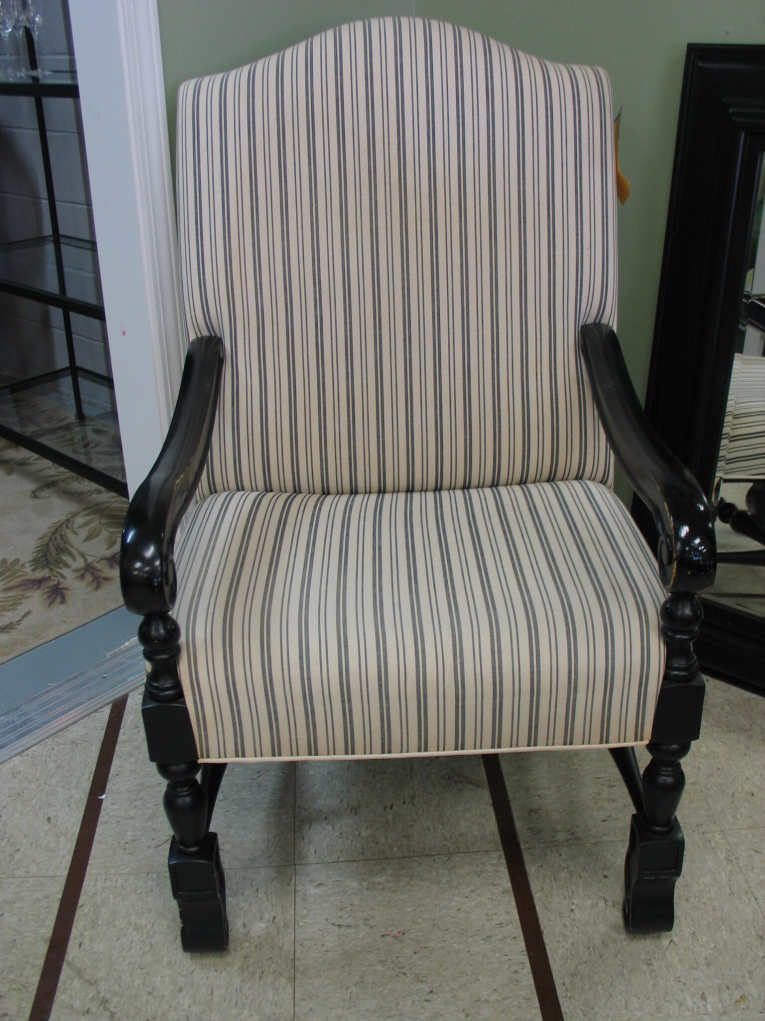 Black and White Stripe Distressed Arm Chair; 25" x 23" x 43"