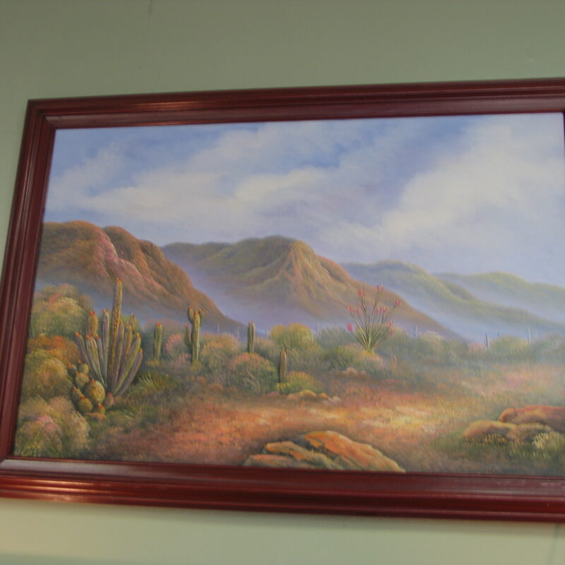 Framed Oil Painting of Mountain and Cactus Landscape; 41" x 28.5"