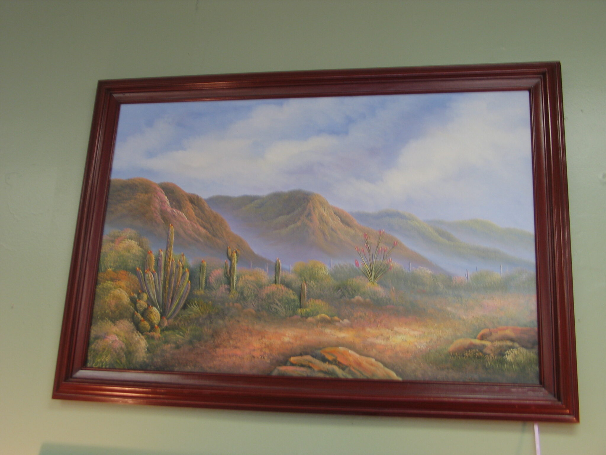 Framed Oil Painting of Mountain and Cactus Landscape; 41" x 28.5"