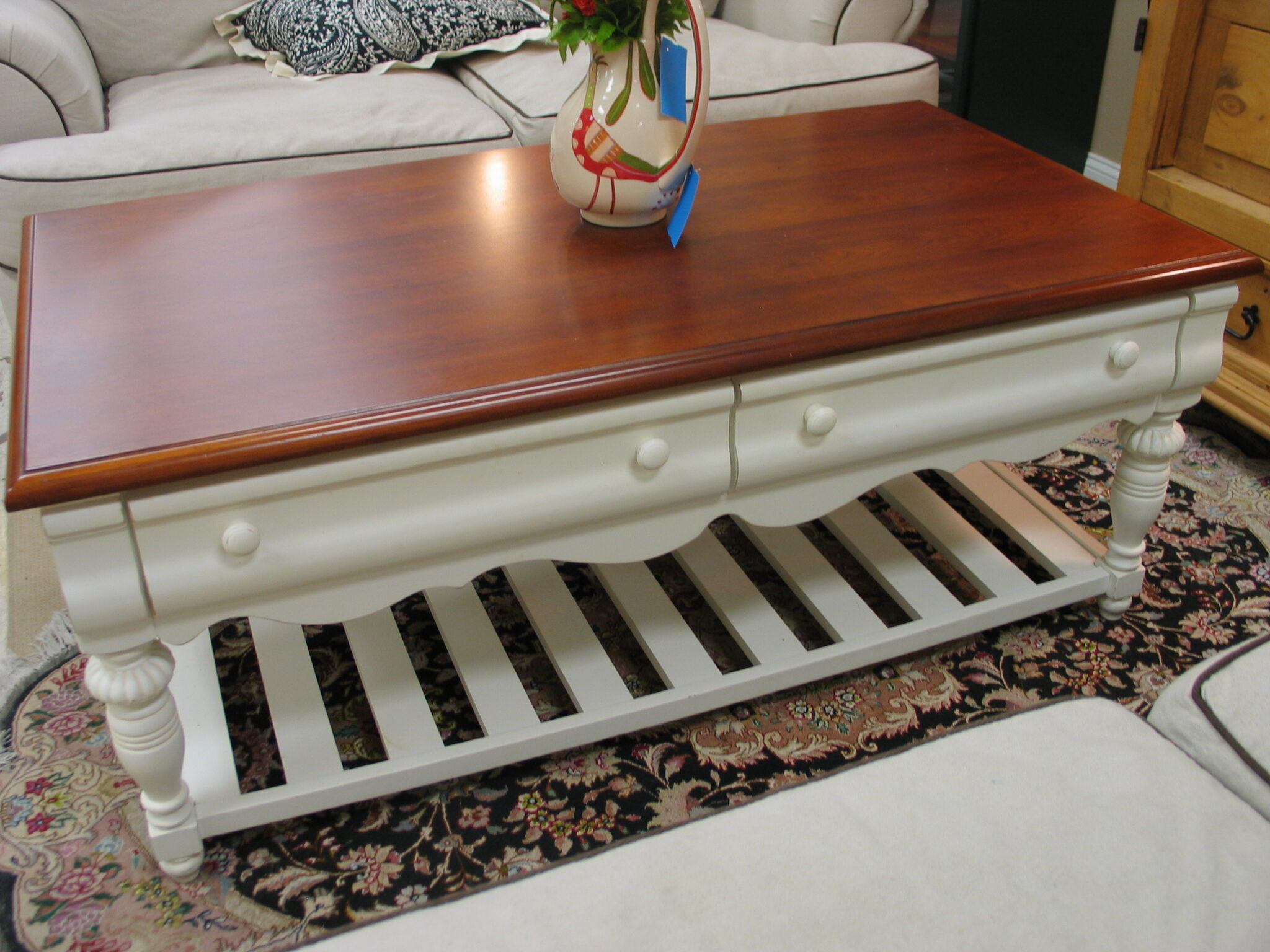 2-Tier, 2-Tone Coffee Table with Drawers; 52" x 28" x 21"