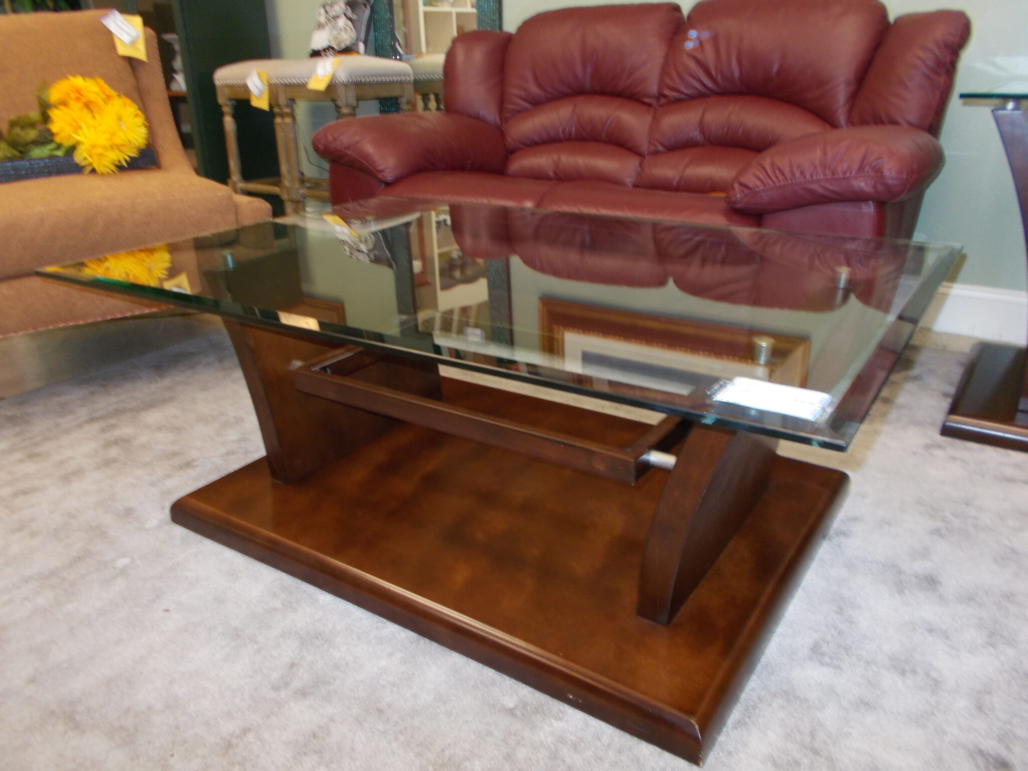 Walnut Stain/Glass Top Coffee Table; 48" x 32" x 18"
