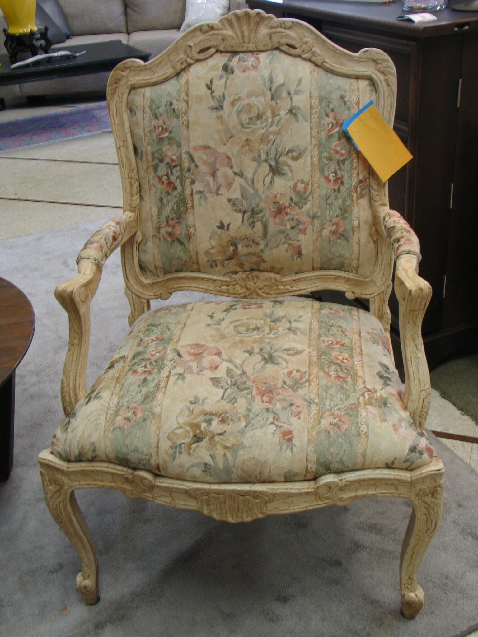 Distressed Finish French Bergere Upholstered Chair; 27" x 20" x 40"