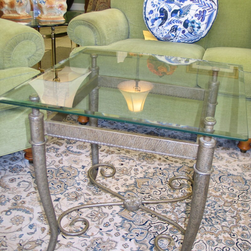 Grey Iron Scroll/Glass Top Accent Table; 24" x 24" x 23"