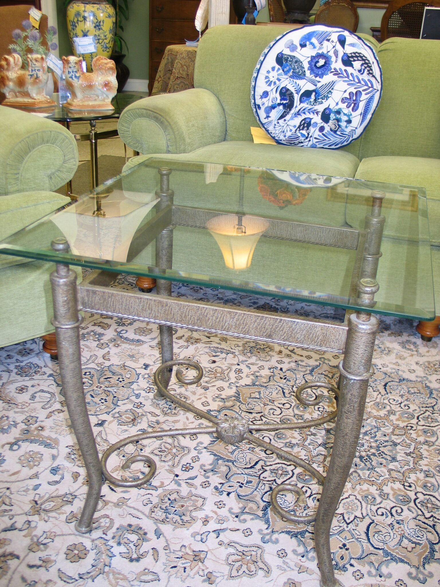 Grey Iron Scroll/Glass Top Accent Table; 24" x 24" x 23"