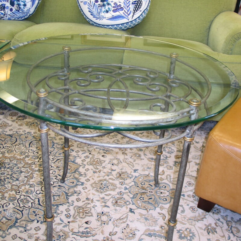 Grey Iron Scroll/Glass Top Accent Table; 29" round x 25" high