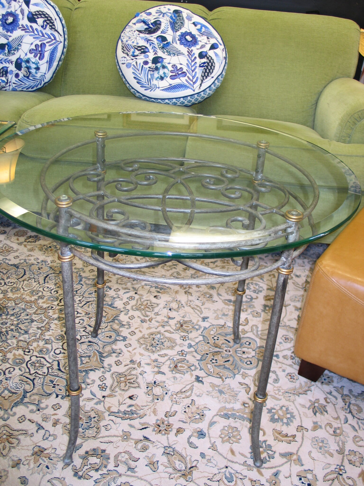 Grey Iron Scroll/Glass Top Accent Table; 29" round x 25" high