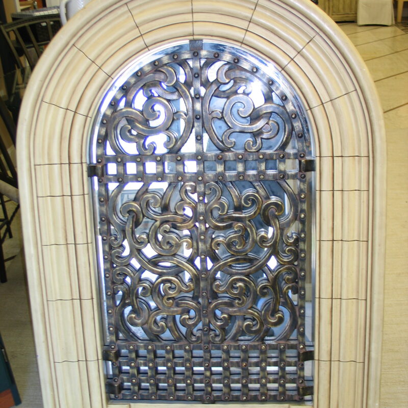 Painted Arch Wall Decor with Iron Scroll and Mirrored Accents; 35.5" x 48"