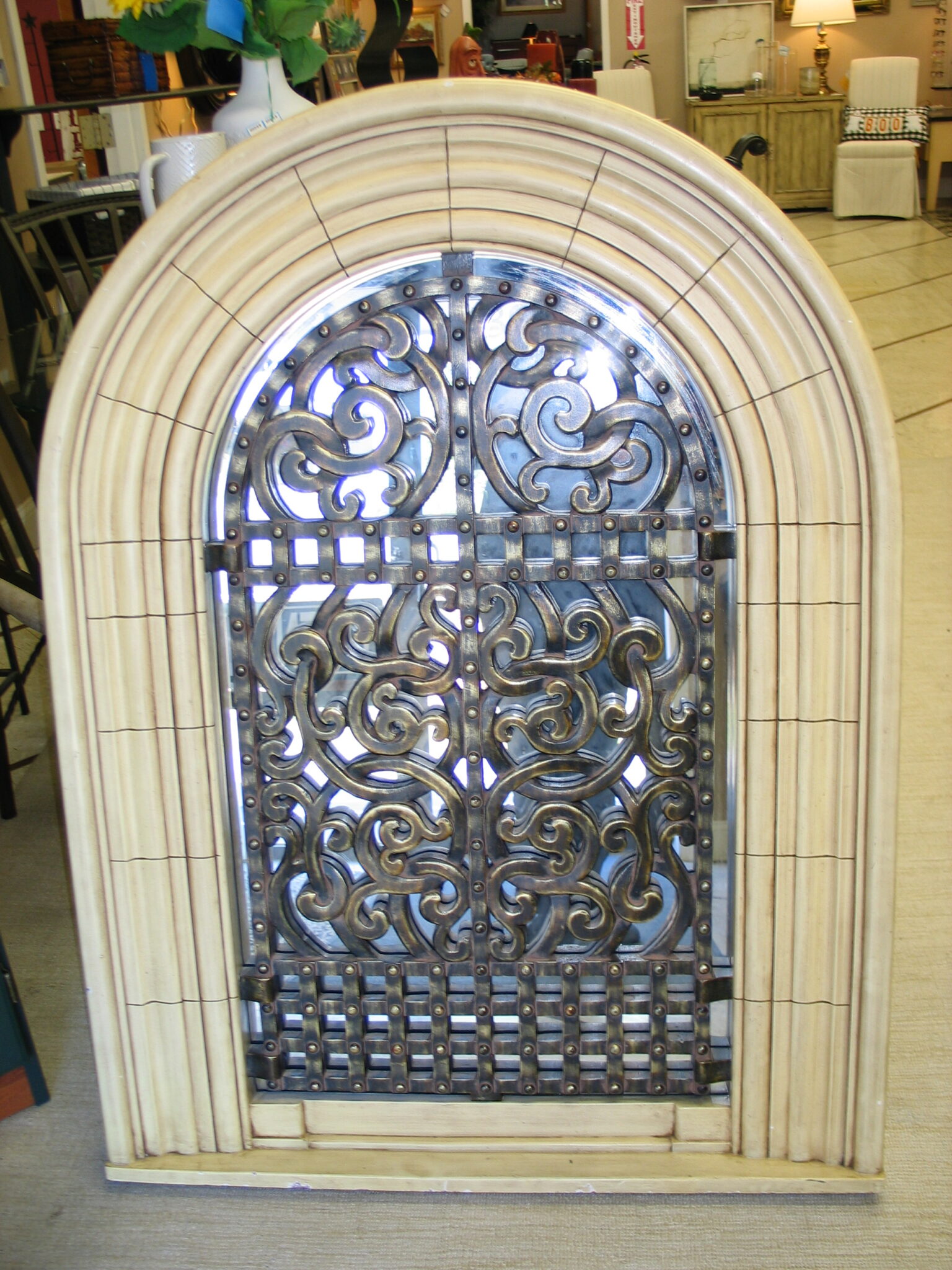 Painted Arch Wall Decor with Iron Scroll and Mirrored Accents; 35.5" x 48"
