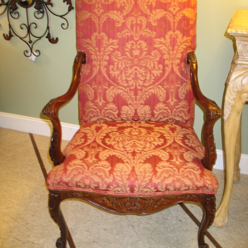 Red Brocade Carved Armchair; 28" x 20" x 46"