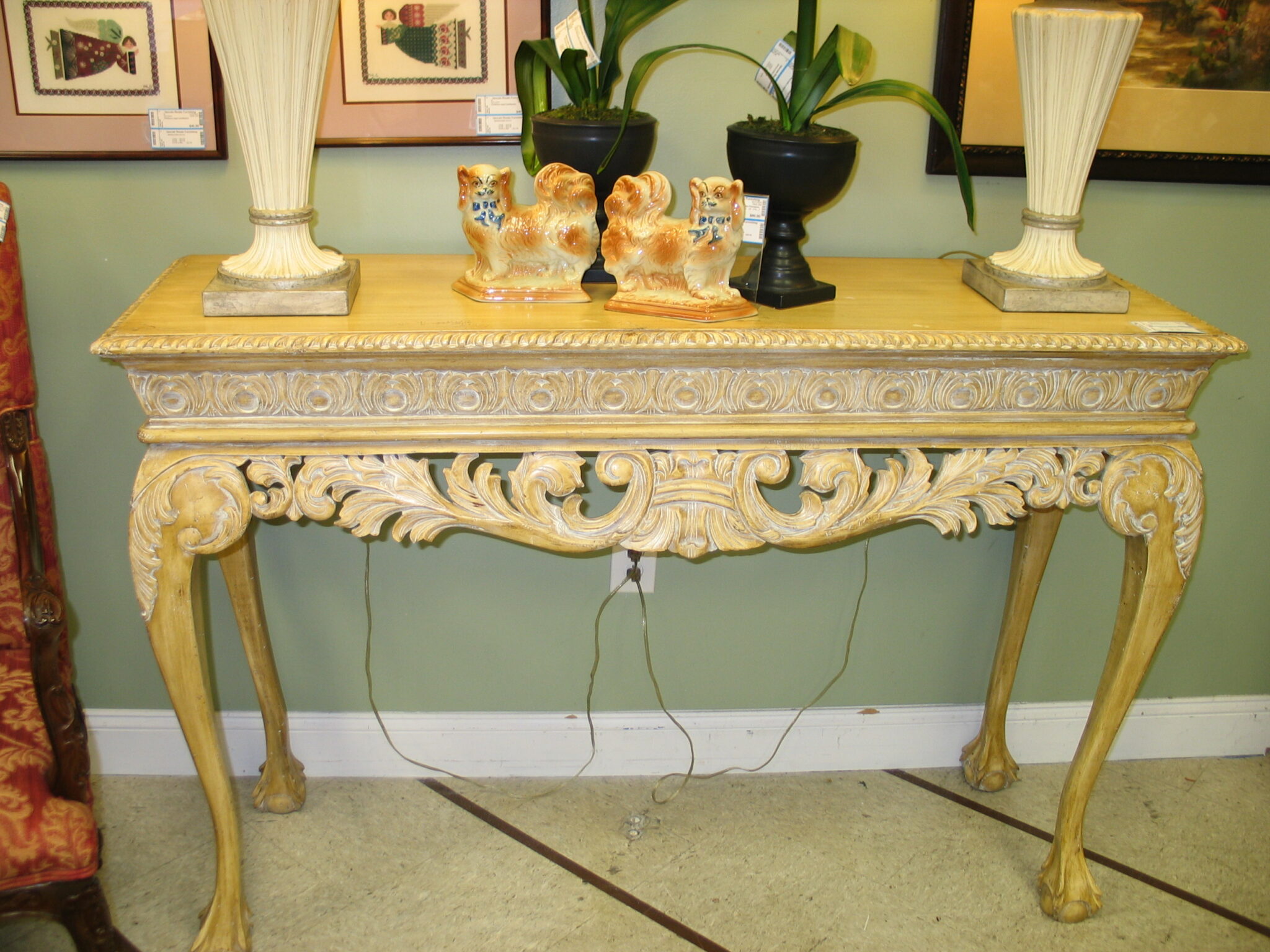 Blond Carved Credenza; 59" x 19" x 39" (crack on top)