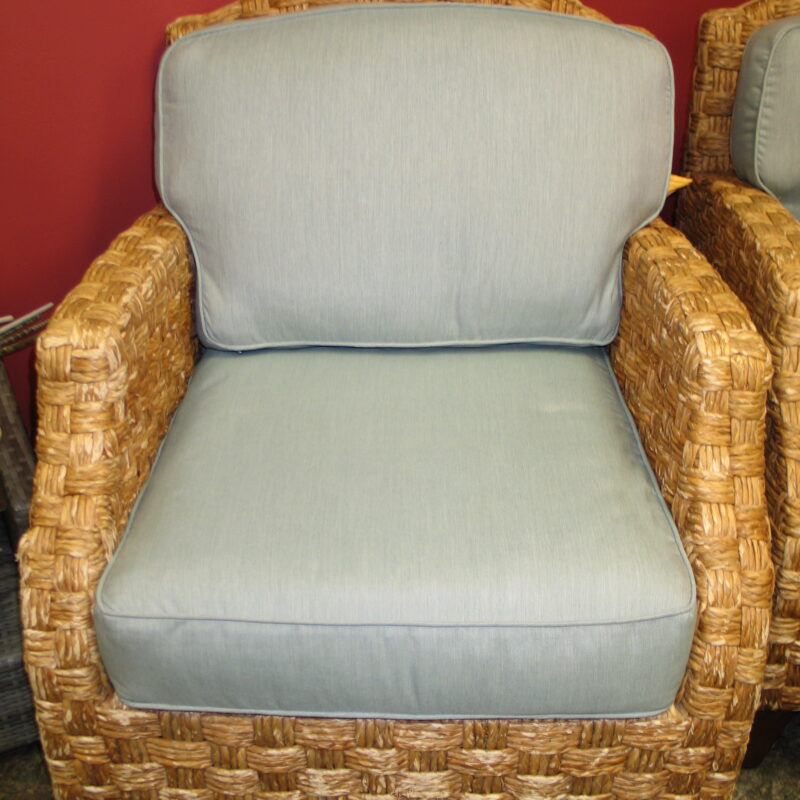 BAKER Woven Chair with Blue Cushions; 31" x 23" x 37"