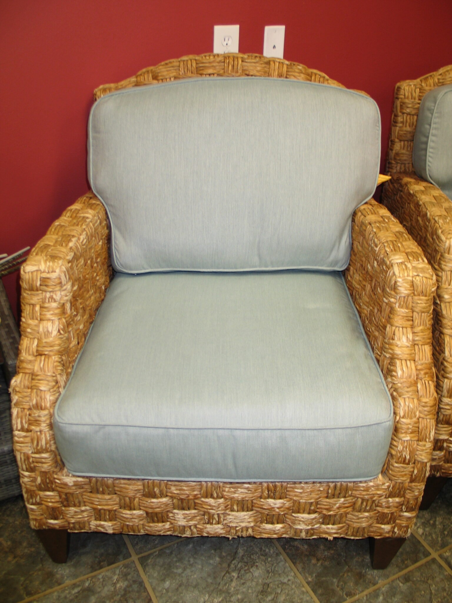 BAKER Woven Chair with Blue Cushions; 31" x 23" x 37"