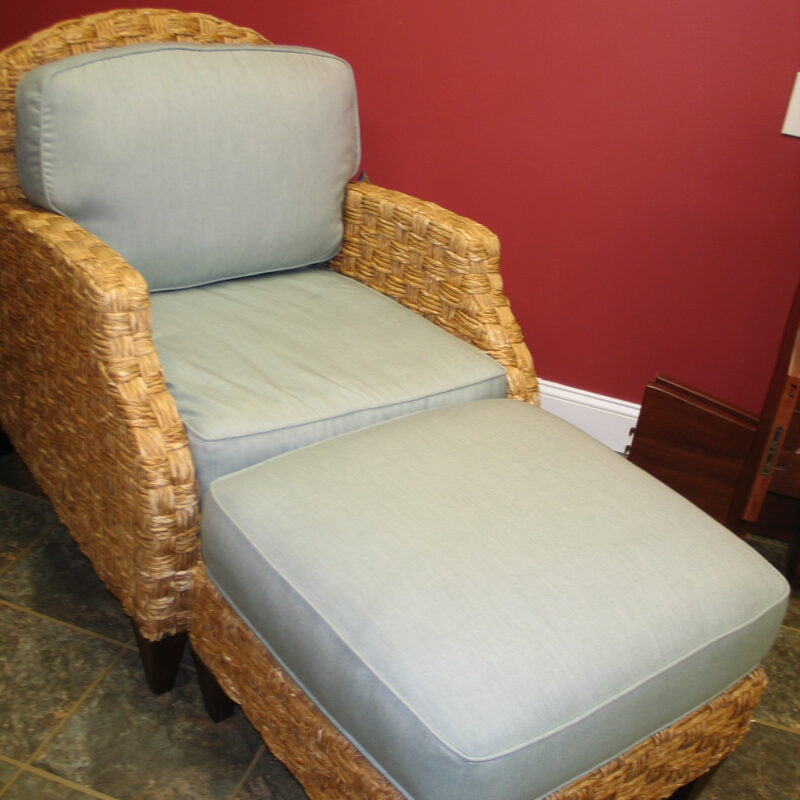 BAKER Woven Chair with Blue Cushions 31" x 23" x 37" with Ottoman