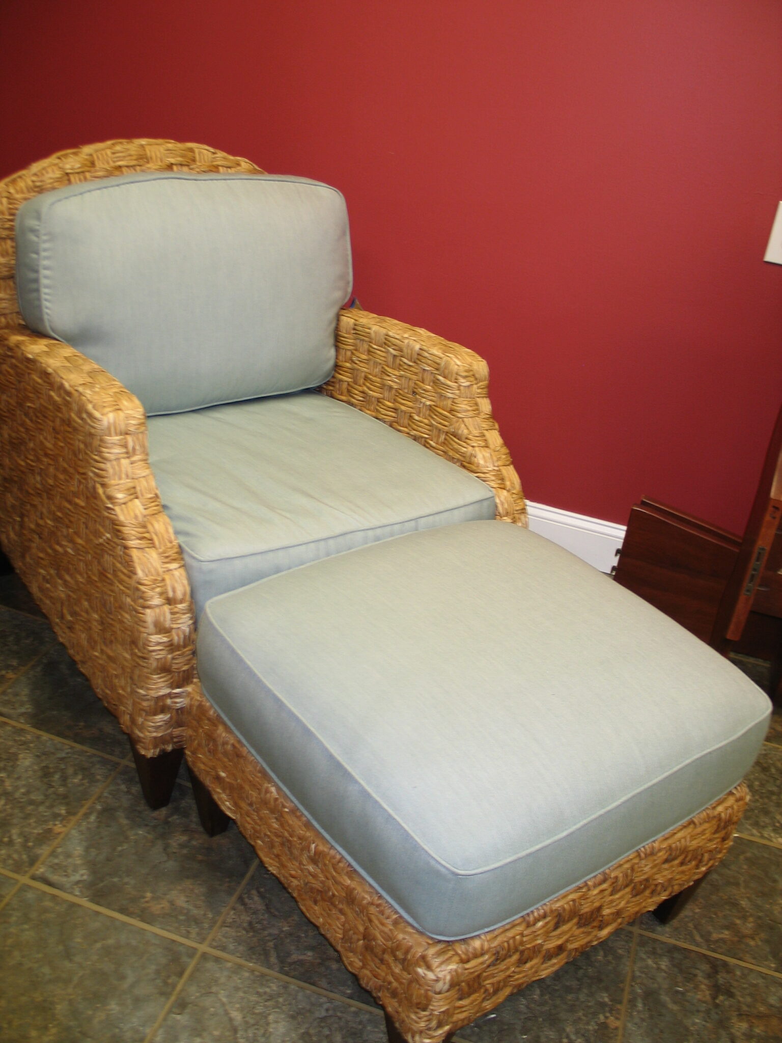 BAKER Woven Chair with Blue Cushions 31" x 23" x 37" with Ottoman