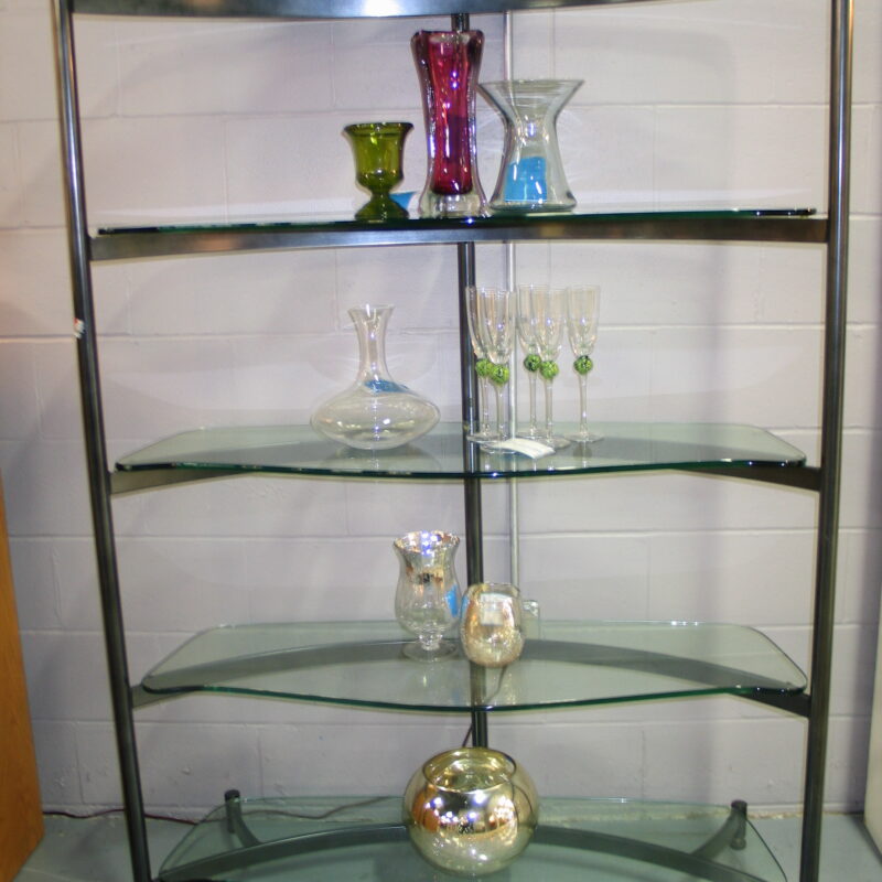 Curved Metal/Glass 5-Tier Bookcase; 48" x 16" x 65"