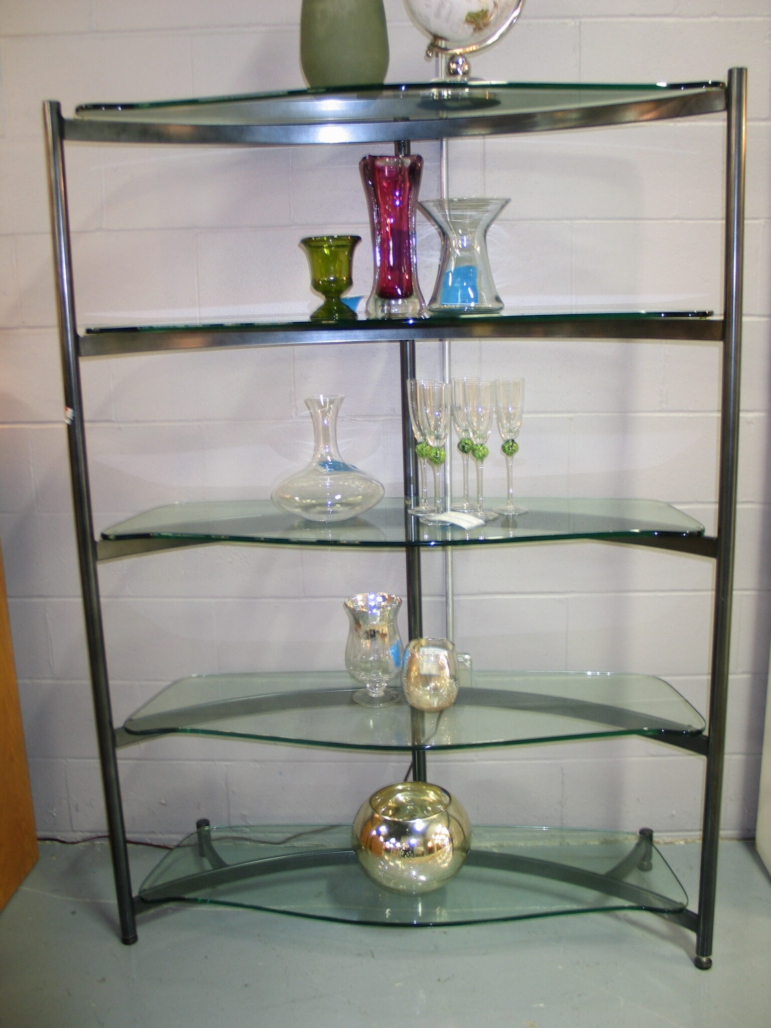 Curved Metal/Glass 5-Tier Bookcase; 48" x 16" x 65"