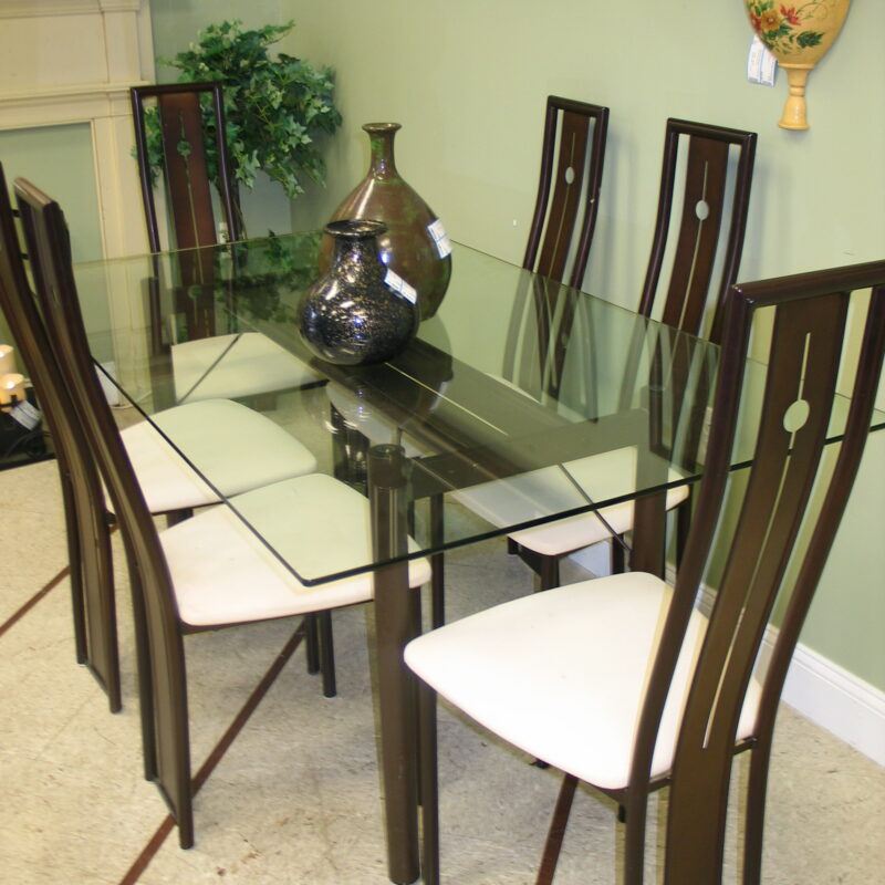 L'Islet (Canada) Metal Base/Glass Top Table; 60" x 36" with (6) Upholstered Seat Chairs  (2) Available