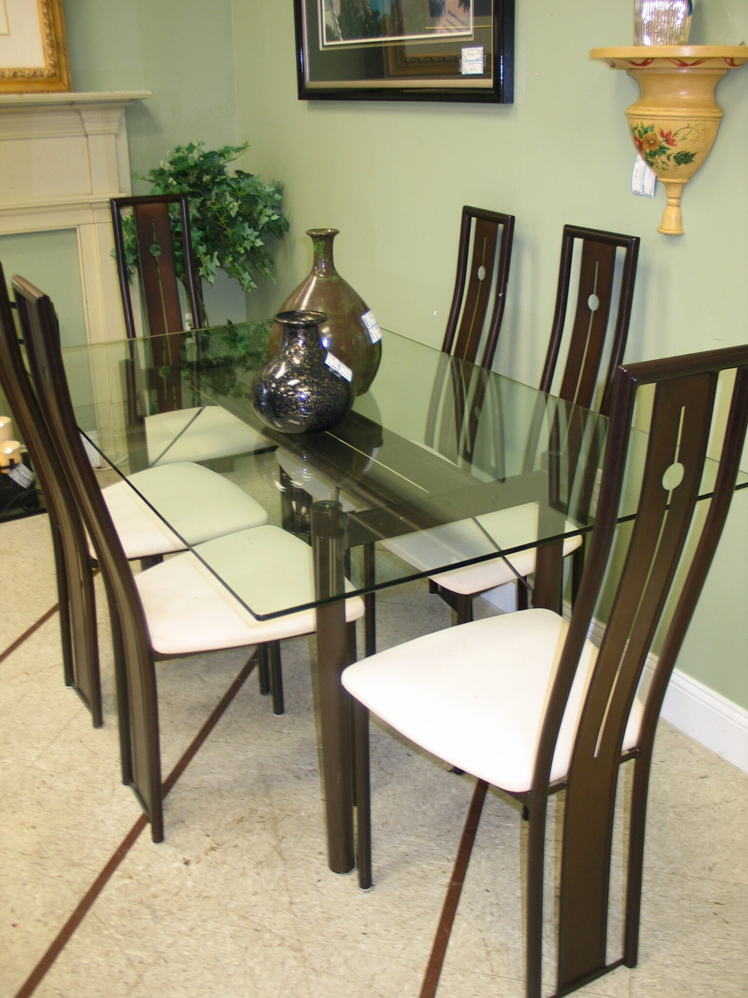L'Islet (Canada) Metal Base/Glass Top Table; 60" x 36" with (6) Upholstered Seat Chairs  (2) Available