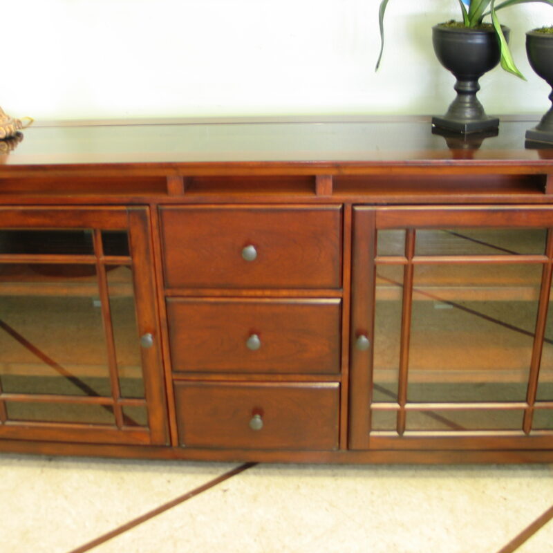 Cherry Stain TV Console with Glass Insert Top, (2) Doors, (3) Drawers; 66" x 18" x 33"