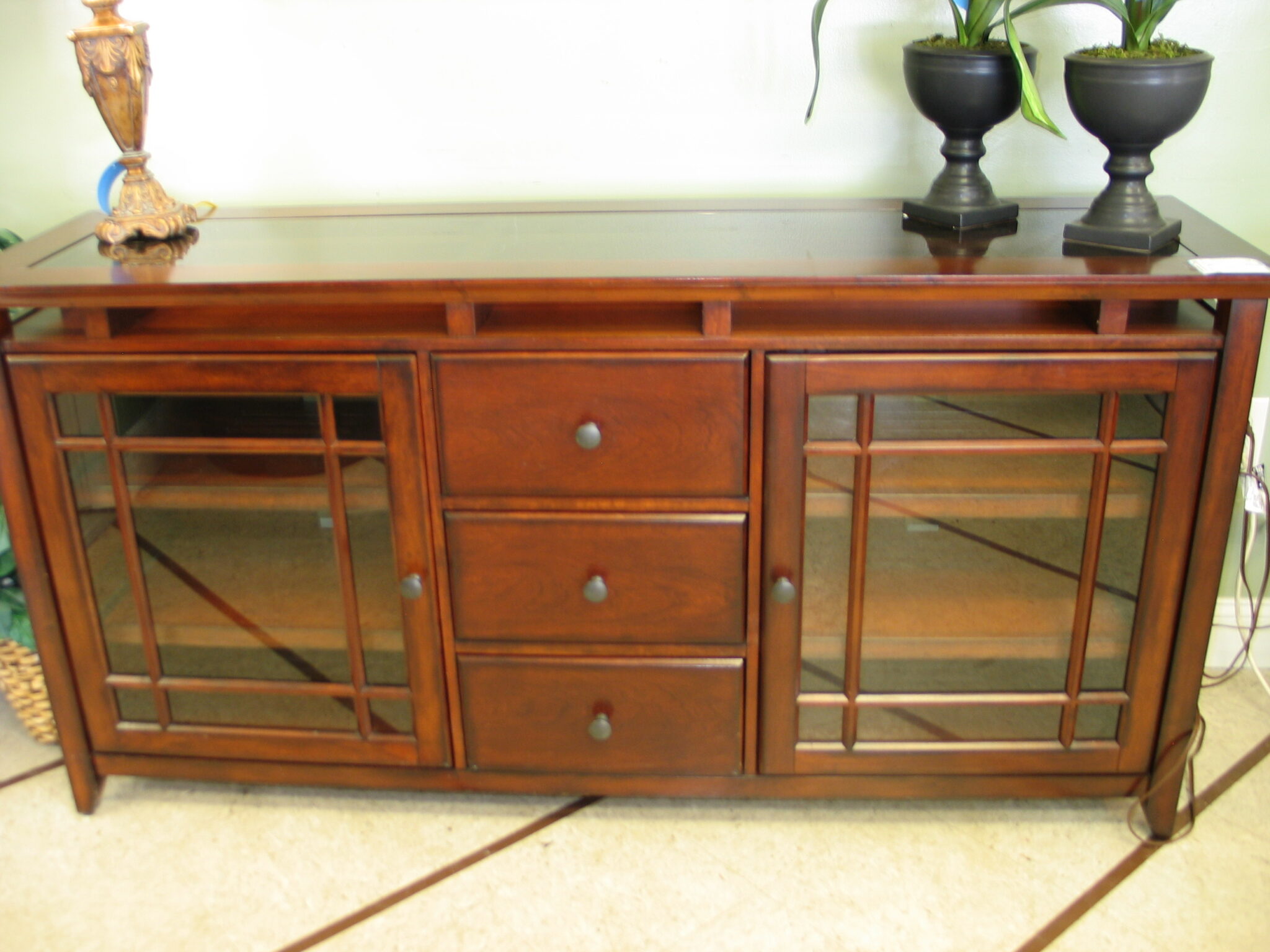 Cherry Stain TV Console with Glass Insert Top, (2) Doors, (3) Drawers; 66" x 18" x 33"