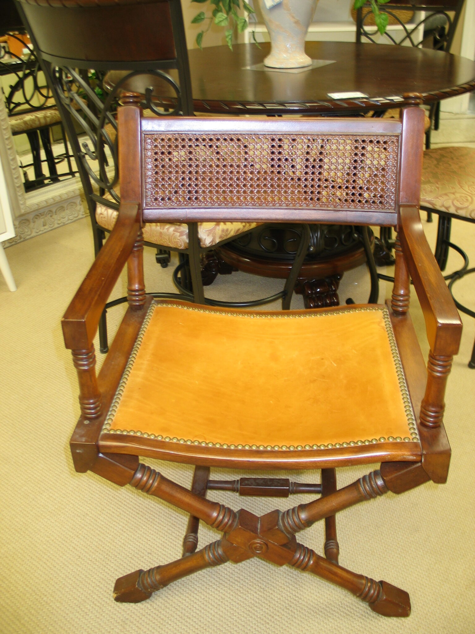 Wood/Cane/Leather Director Style Chair; 23" x 19" x 33"