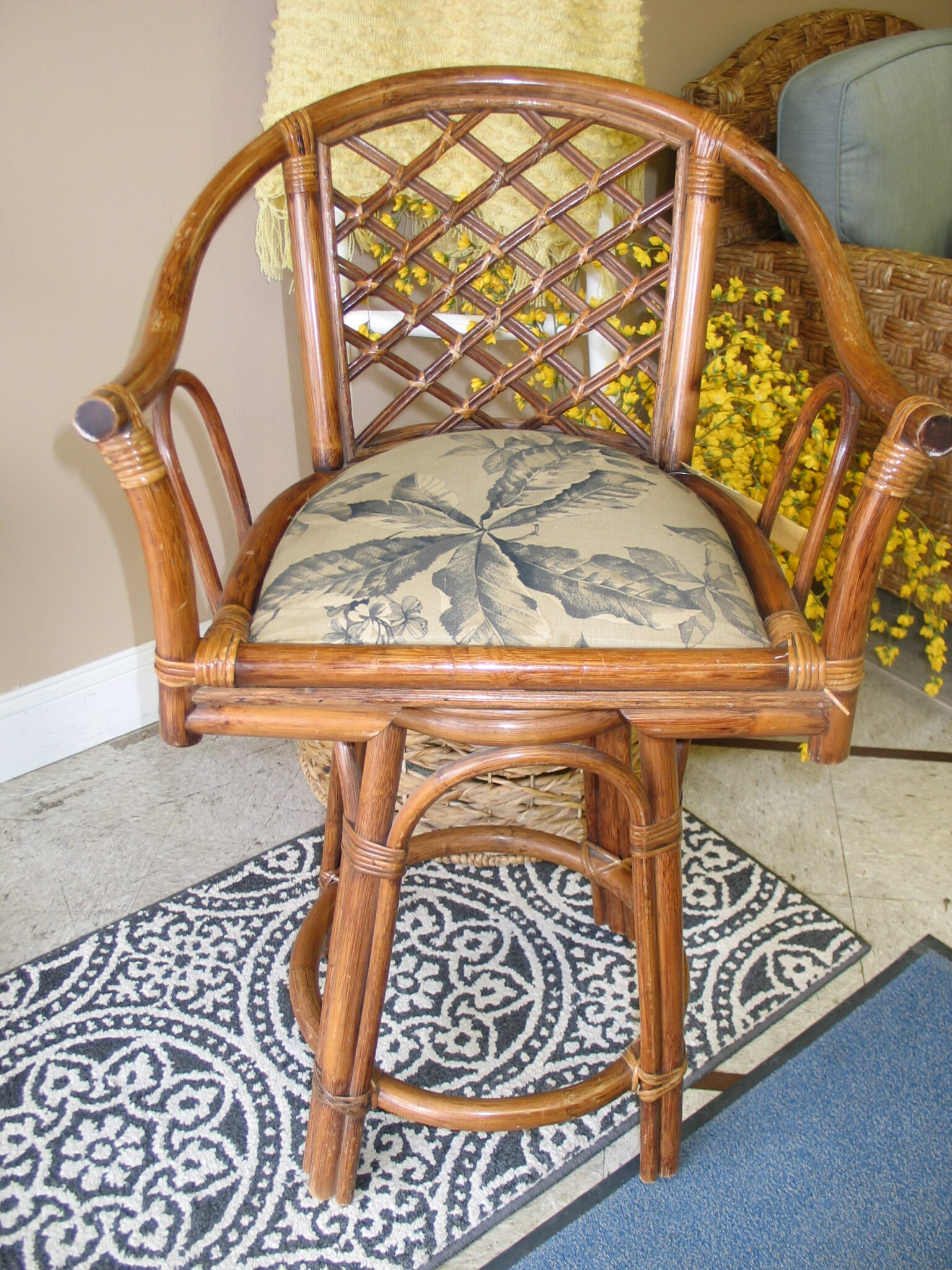 Rattan Swivel 26" Stool with Upholstered Cushion; 22" x 22" x 39"  (2) Available