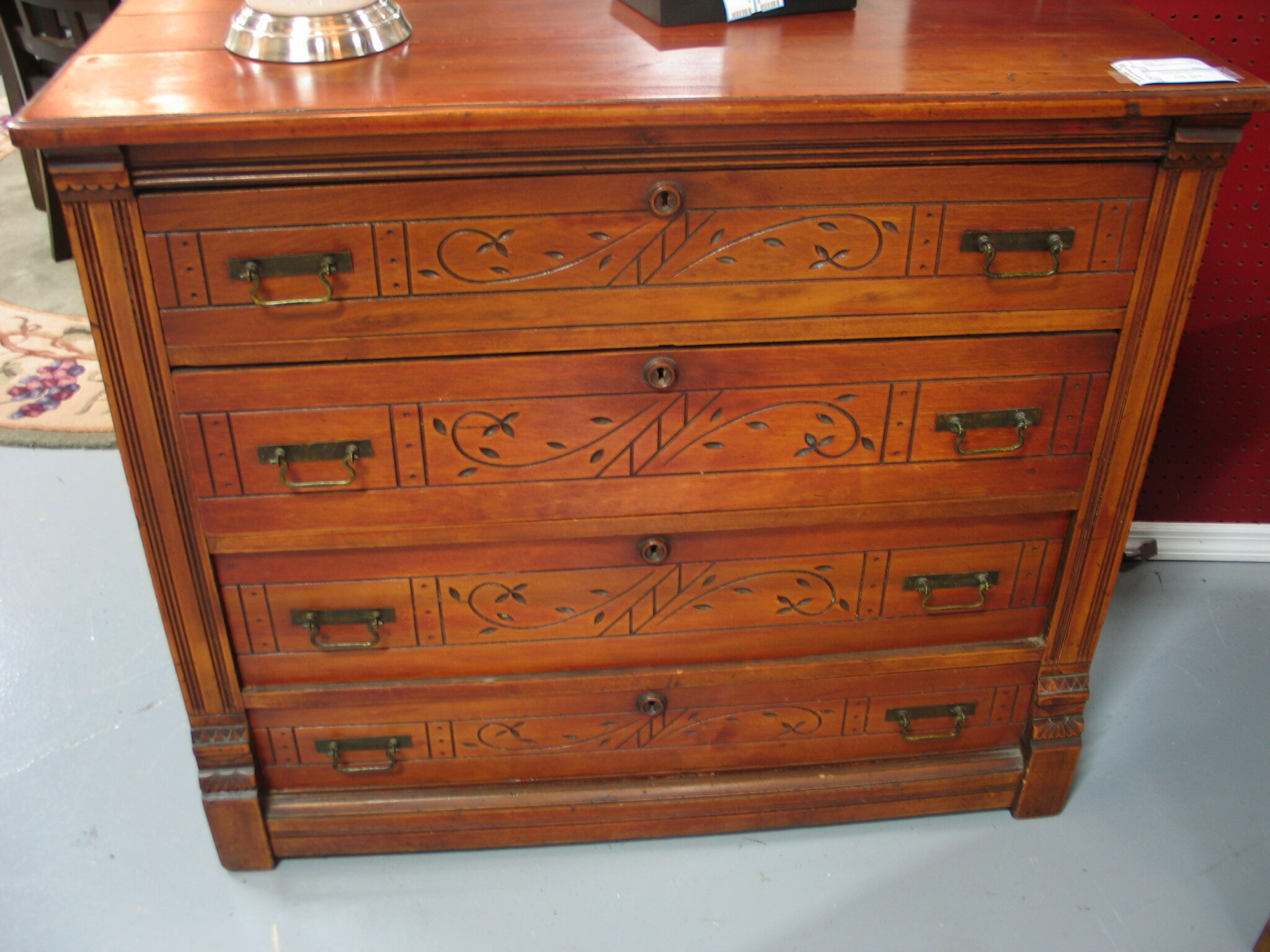 Antique Carved 4-Drawer Chest; 40" x 17.5" x 33"