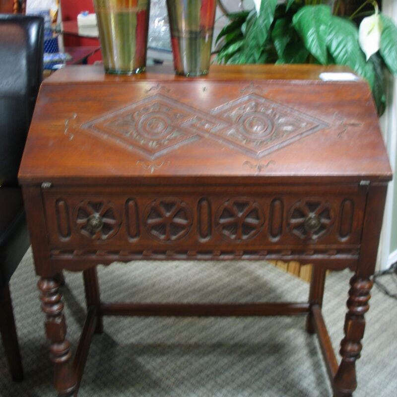 Antique Carved Drop Down Desk with Drawer; 32" x 18" x 36"