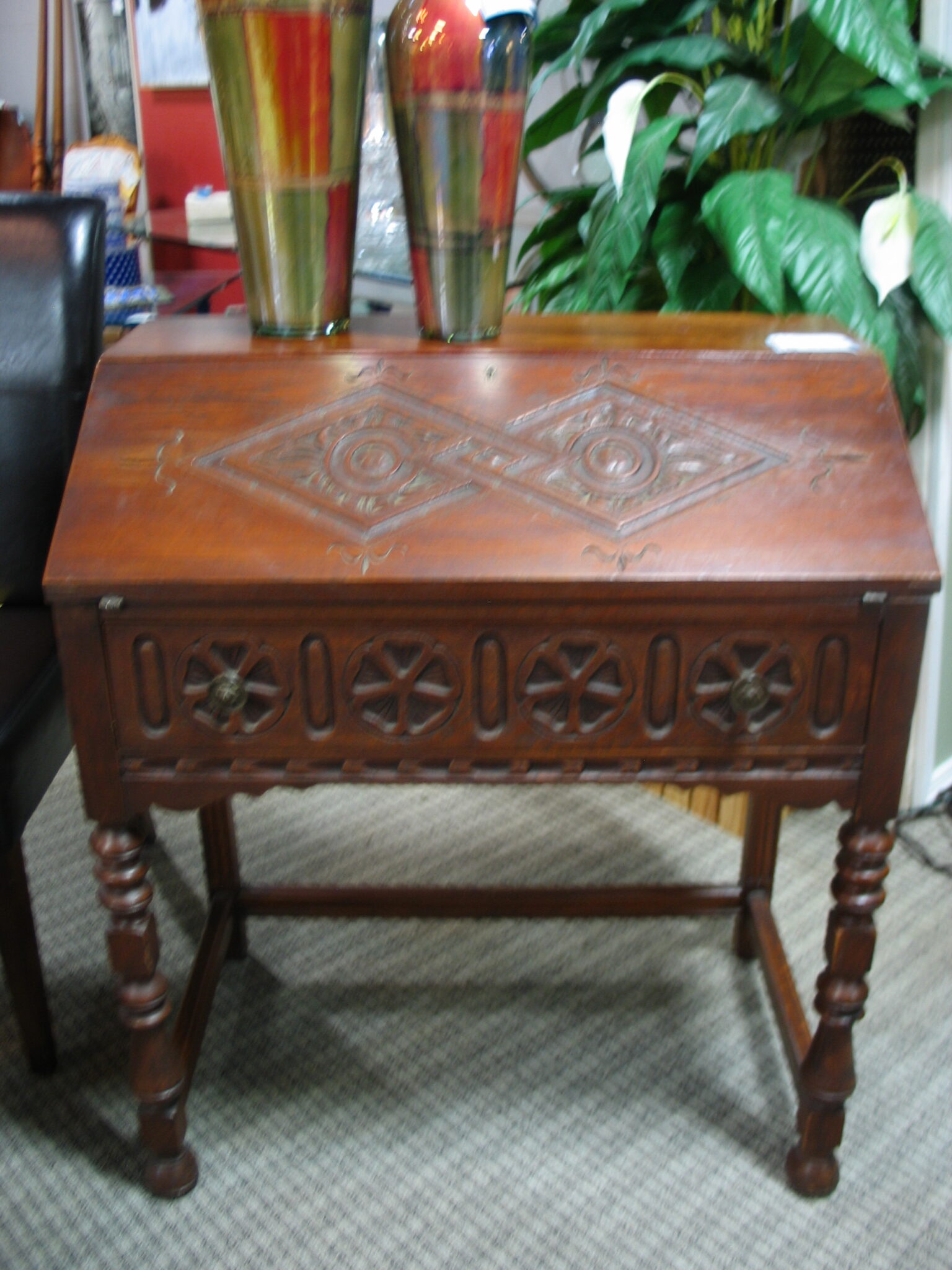 Antique Carved Drop Down Desk with Drawer; 32" x 18" x 36"