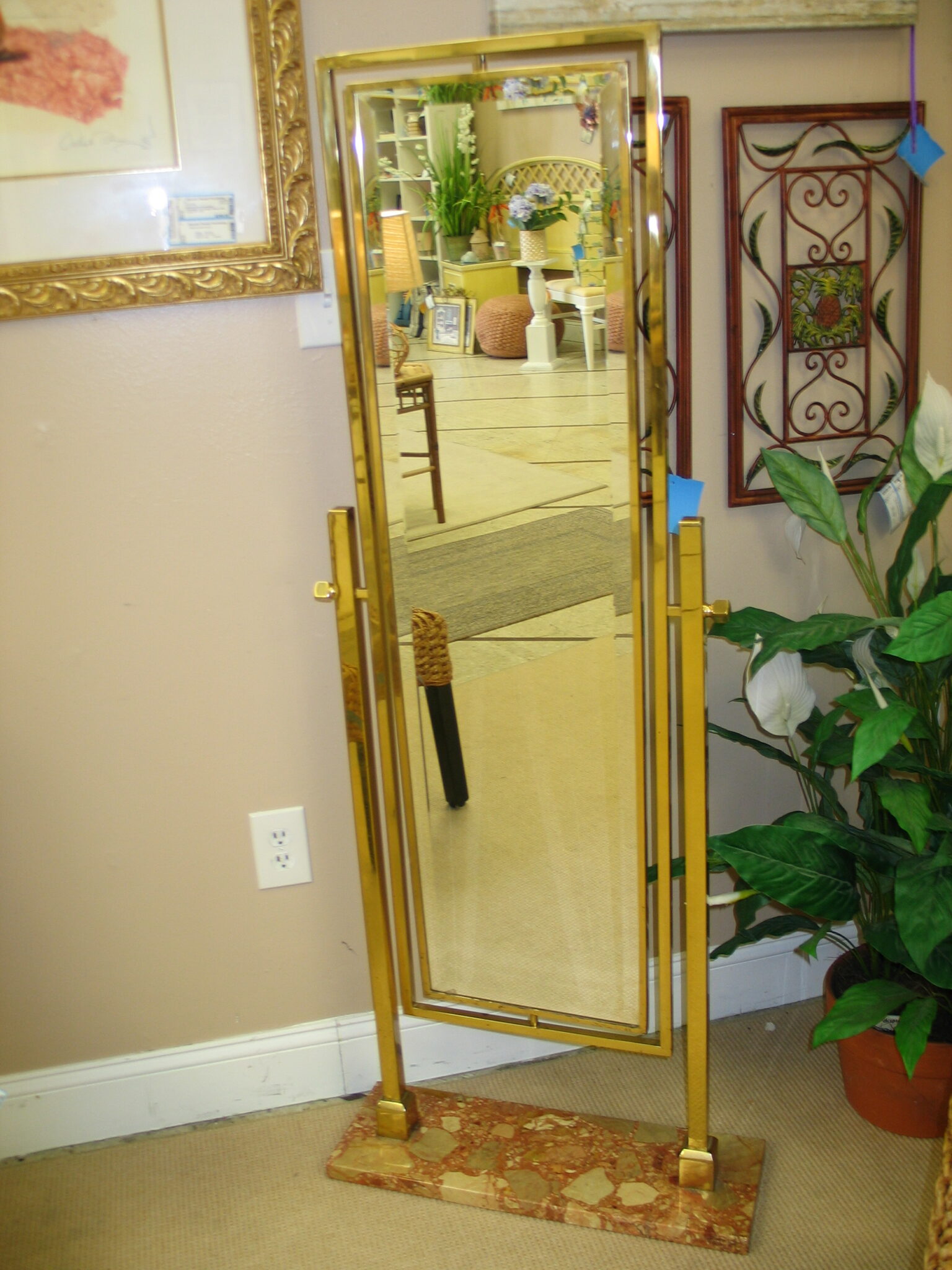 Vintage Brass Cheval Mirror with Marble  Base; 21" x 8" x 59"
