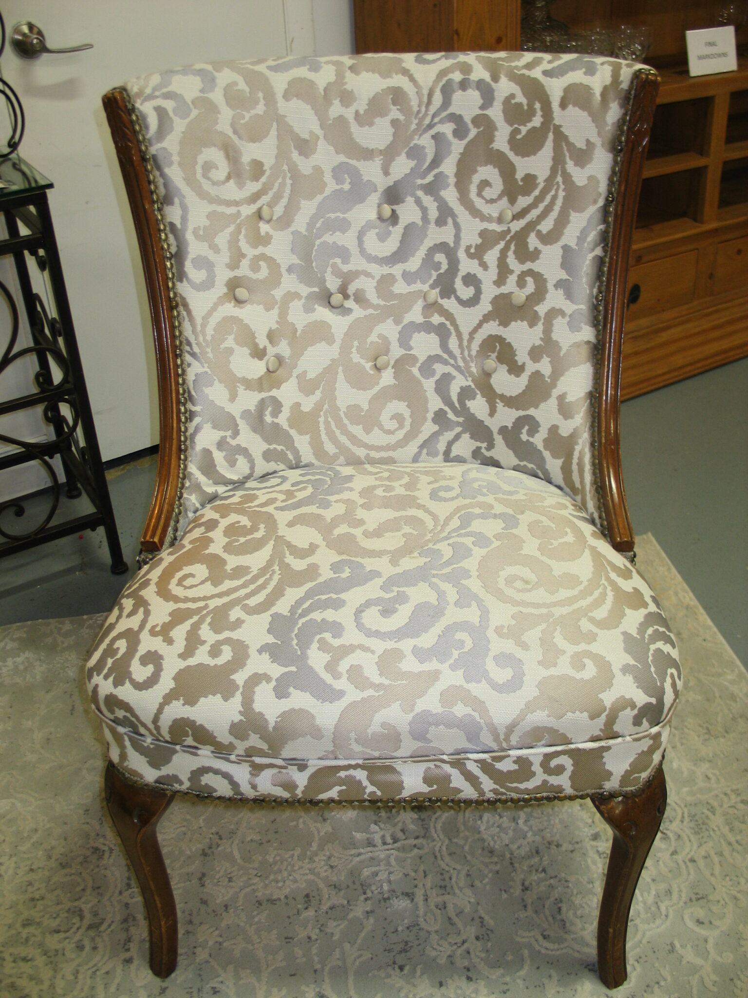 Vintage Tufted Chair with Updated Grey/Beige Upholstery; 26" x 26" x 37"