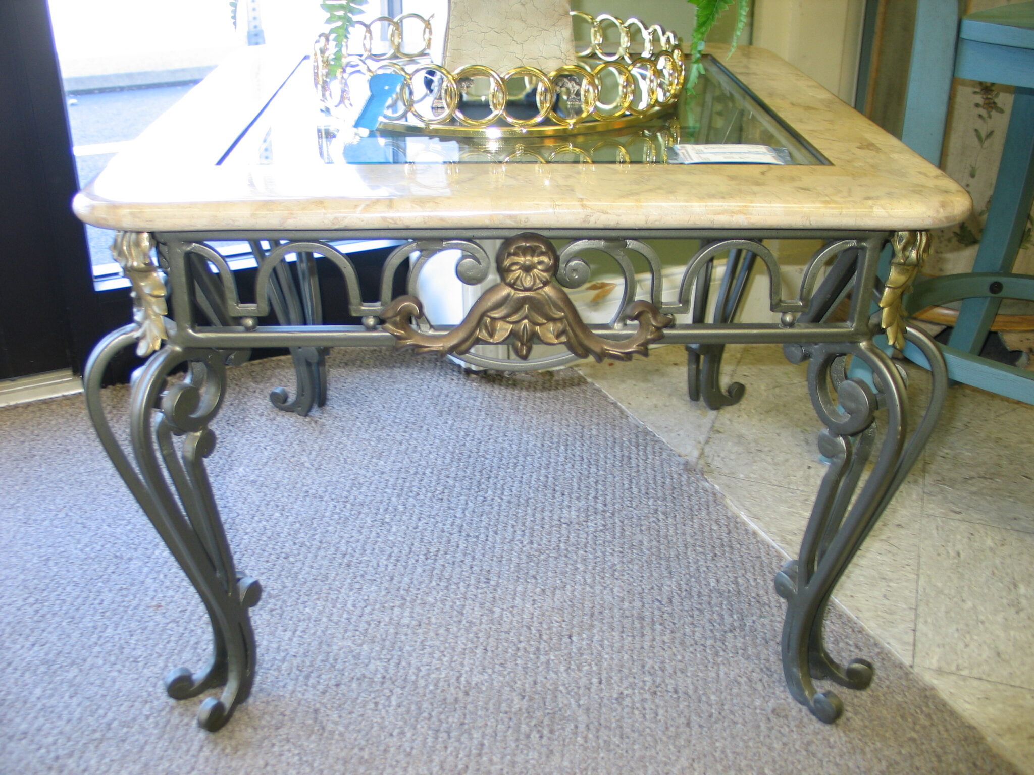 Marble and Iron End Table with Glass Insert; 28" x 28" x 21"  (2) Available