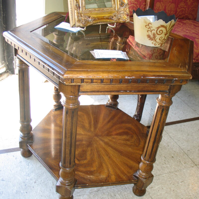 Hexagon Wood/Glass 2-Tier End Table; 28" x 24" x 22"