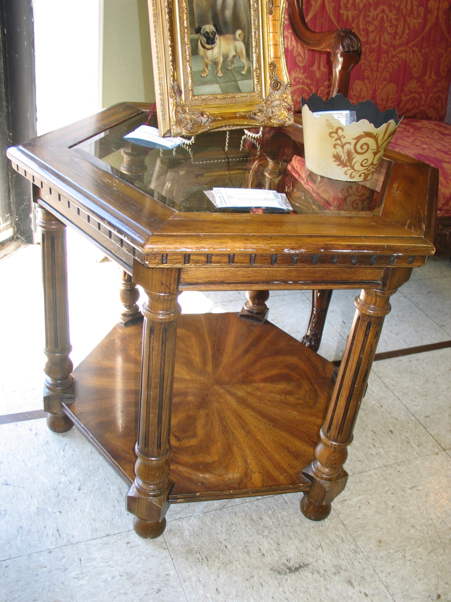 Hexagon Wood/Glass 2-Tier End Table; 28" x 24" x 22"