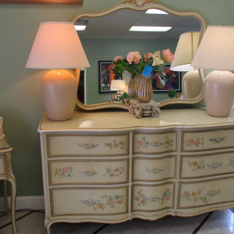 DREXEL French Provincial 9-Drawer Dresser; 63" x 22" x 35" with Mirror; 44" x 37"