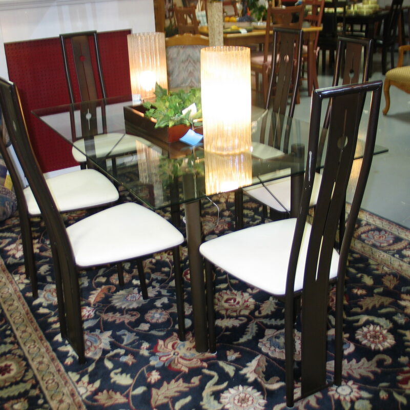 L'Islet (Canada) Metal Base/Glass Top Table; 60" x 36" with (6) Upholstered Seat Chairs