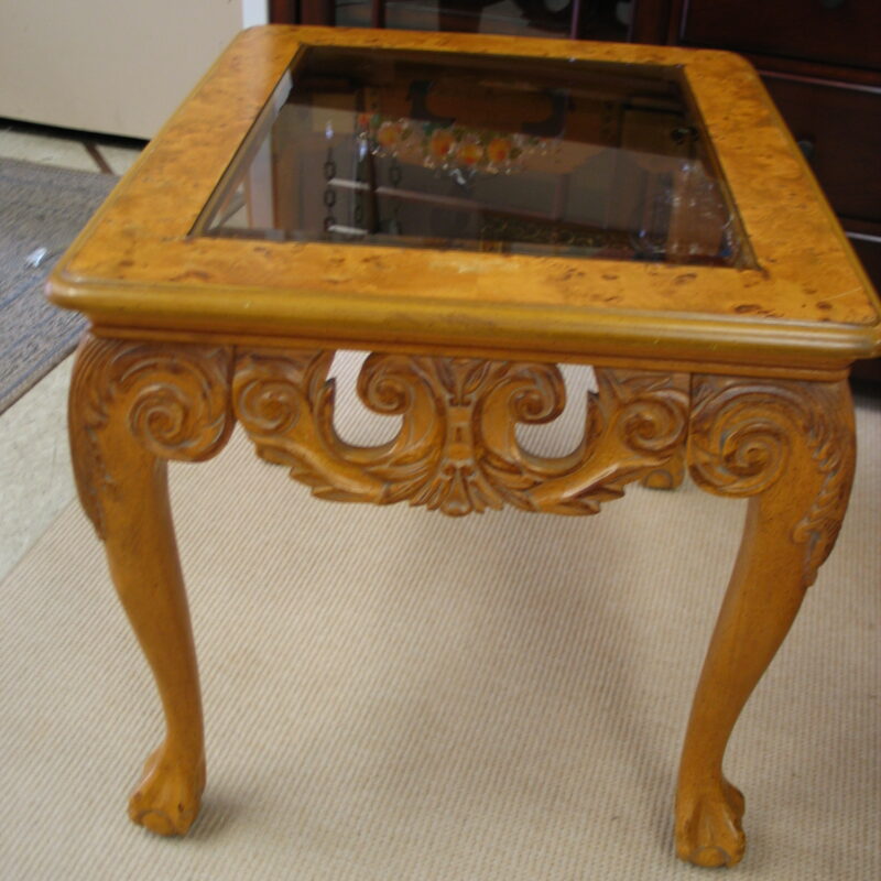 Carved Claw Foot End Table with Glass Insert; 24" x 28" x 24"