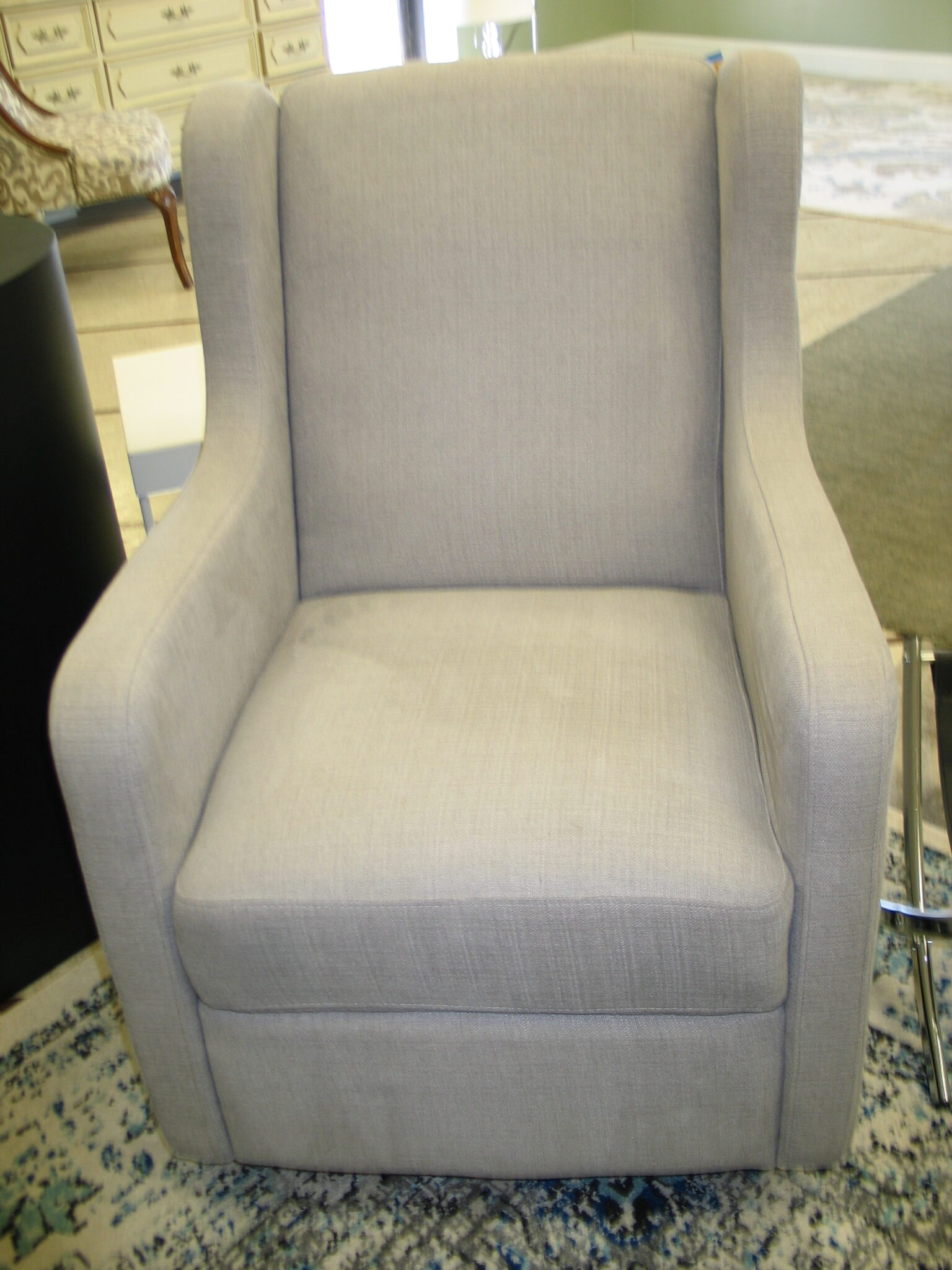Grey Upholstered Swivel Rocker; 25.5" x 29" x 37"