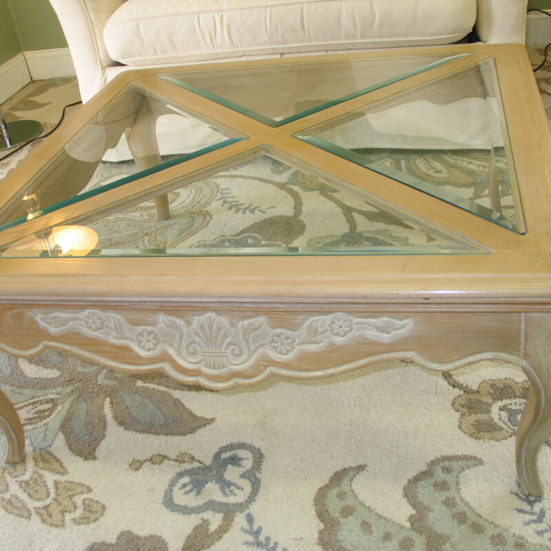 Carved Blond Coffee Table with Glass Inserts; 38" x 38" x 16"