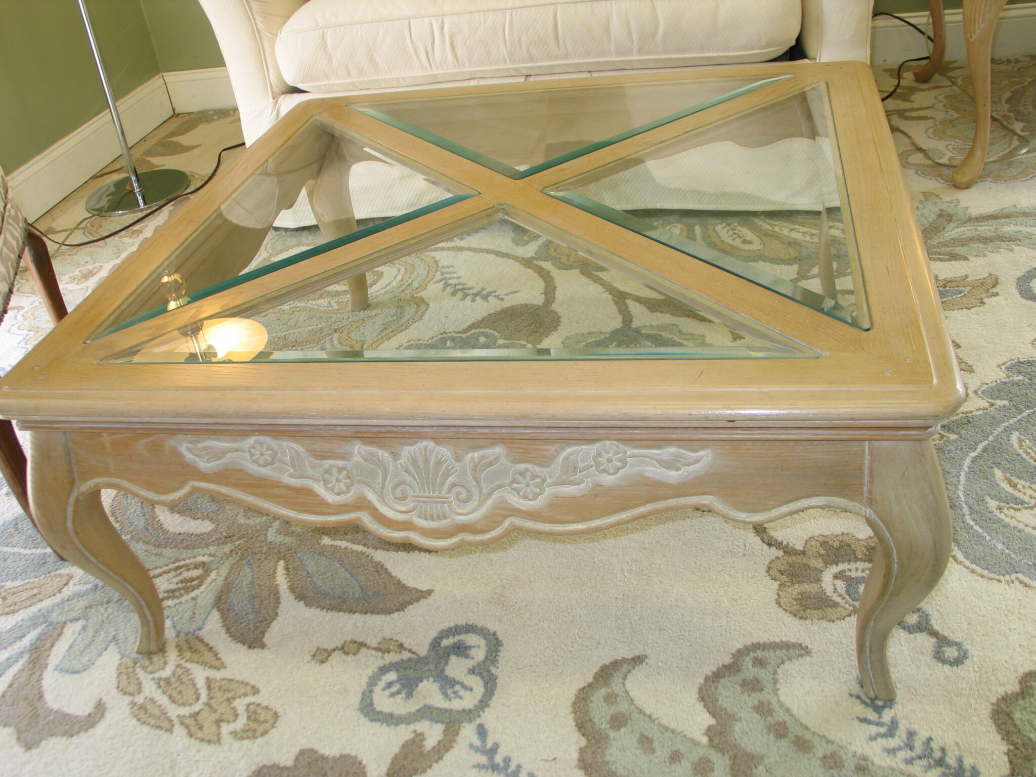 Carved Blond Coffee Table with Glass Inserts; 38" x 38" x 16"