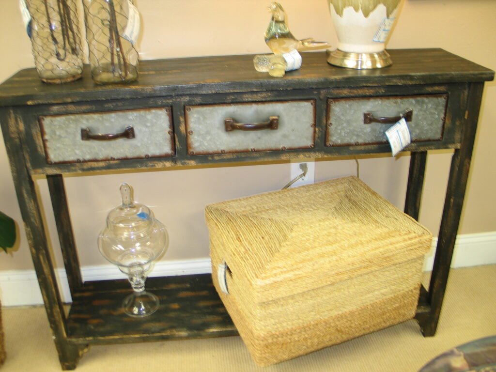 2-Tier Distressed Black Console with (3) Galvanized Drawer; 46
