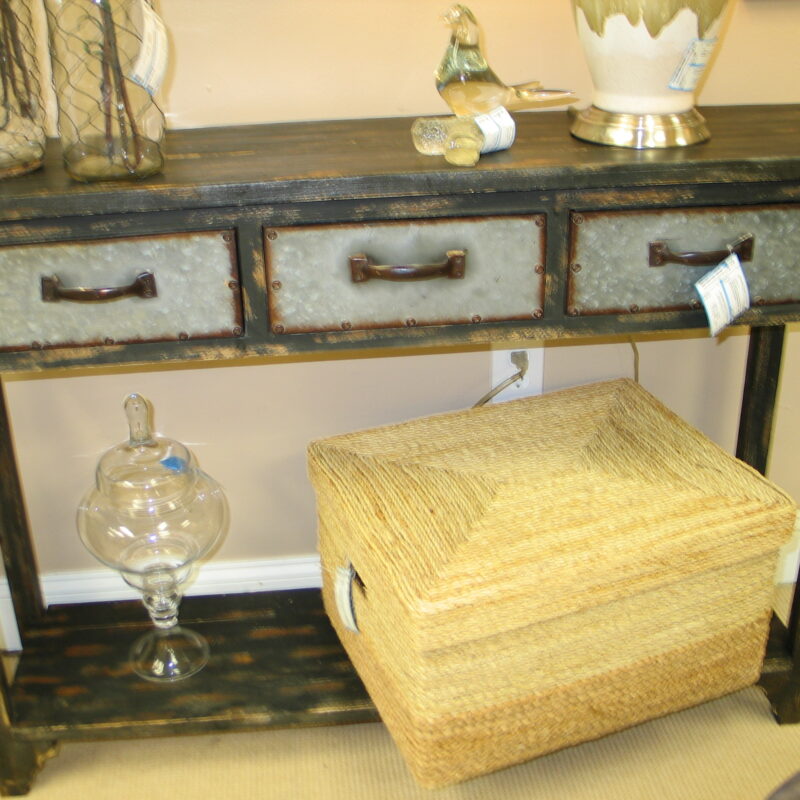 2-Tier Distressed Black Console with (3) Galvanized Drawer; 46" x 12" x 33"